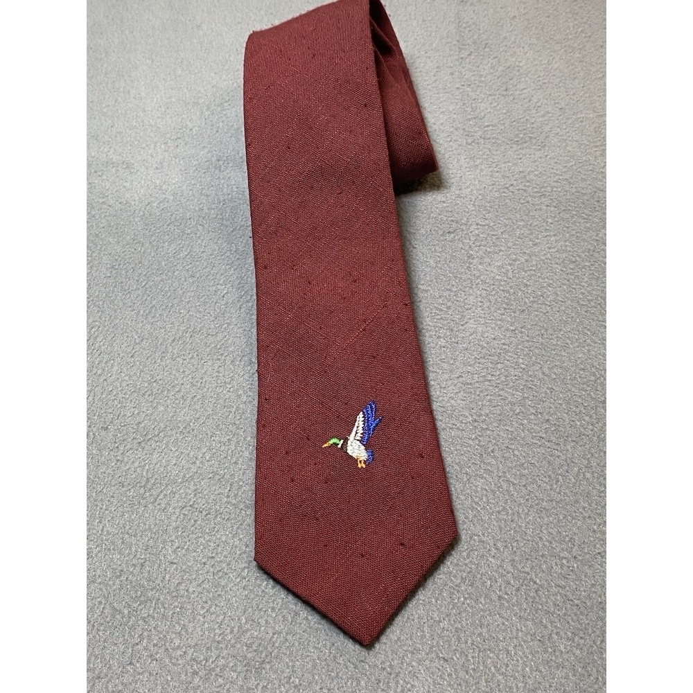 Vintage Maroon Red Tie (3.25"x57") Mallard Duck Embroidery British Crest On Back